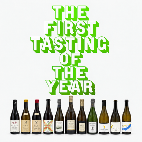 first tasting of the year 2026 colorful title and wine bottles
