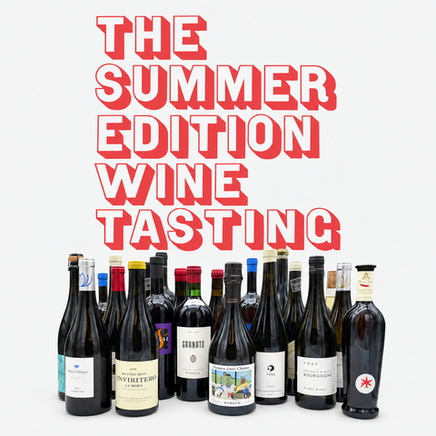 summer edition 2025 colorful title and wine bottles